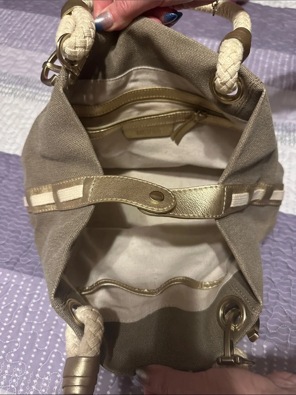 Michael Kors Taupe Canvas Shoulder Tote with Braided Cream Handles